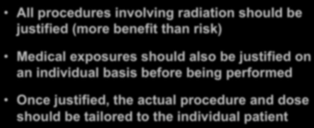 Medical Radiation Procedures All procedures involving radiation should be justified (more benefit than risk) Medical exposures should also be