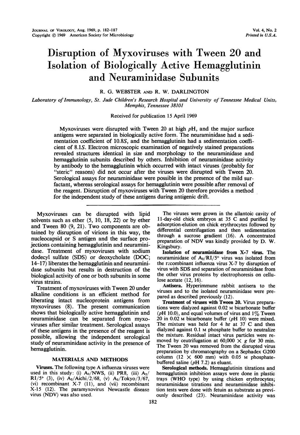 JOURNAL OF VIROLOGY, Aug. 1969, p. 18-187 Copyright @ 1969 American Society for Microbiology Vol. 4, No. Printed in U.S.A. Disruption of Myxoviruses with Tween 0 and Isolation of Biologically Active Hemagglutinin and Neuraminidase Subunits R.