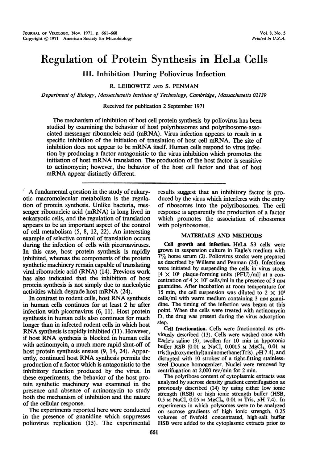 JOURNAL OF VIROLOGY, Nov. 1971, p. 661-668 Copyright 1971 American Society for Microbiology Vol. 8, No. 5 Printed in U.S.A. Regulation of Protein Synthesis in HeLa Cells III.