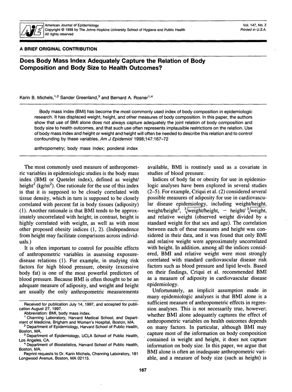 American Journal of Epidemiology Copyright 1998 by The Johns Hopkins University Sc
