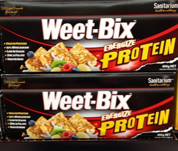 22% protein Weet-Bix Energize is 82% wholegrain. Each serve is loaded with 11g of protein (to help build muscles).