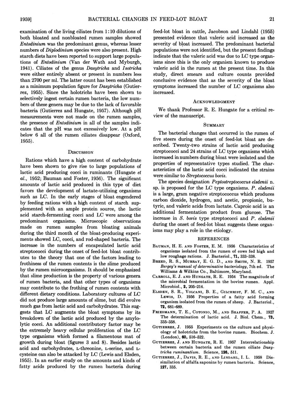 19591 BACTERIAL CHANGES IN FEED-LOT BLOAT 21 examination of the living ciliates from 1:10 dilutions of both bloated and nonbloated rumen samples showed Entodinium was the predominant genus, whereas