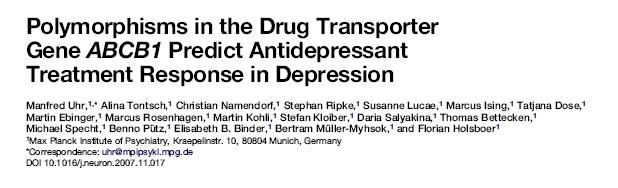 Genomics of SSRI Response Absorption and distribution Neuron, 2007 Citalopram, paroxetine, amitriptyline,