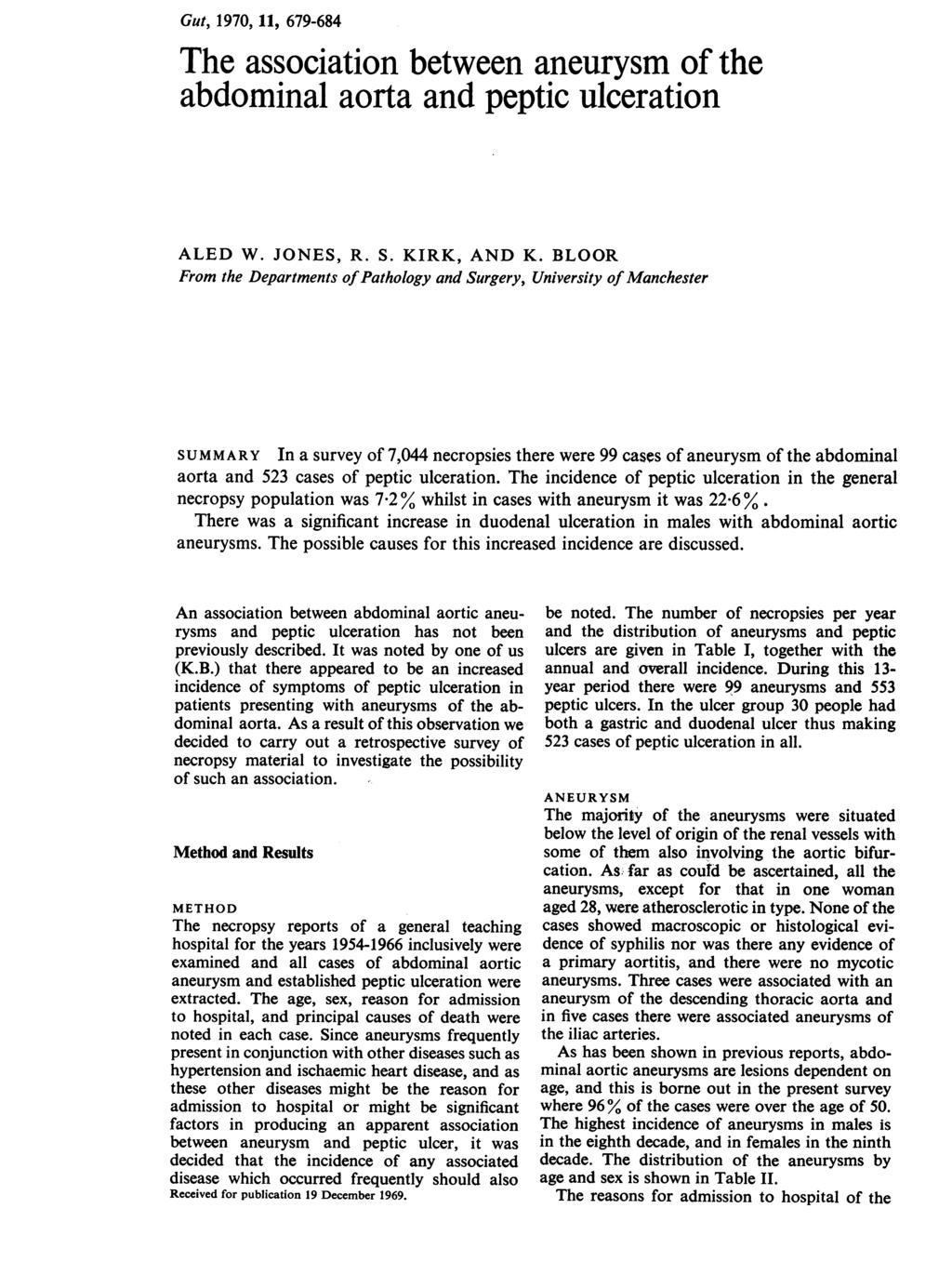 Gut, 1970, 11, 679-684 The association between aneurysm of the abdominal aorta and peptic ulceration ALED W. JONES, R. S. KIRK, AND K.
