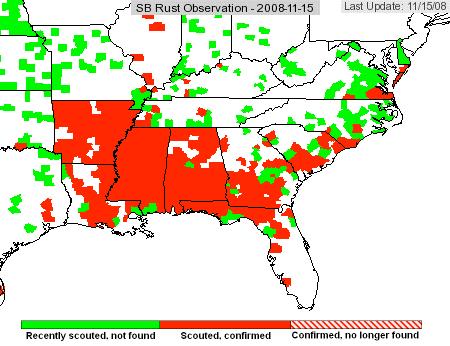 A B C Jul 15 Sep 15 Nov 15 Figure 1. Counties with soybean rust on 15 July, 15 September, and 15 November 2008. Figure 2. Distribution of planted acres of soybean by counties across the U.S. in 2007.