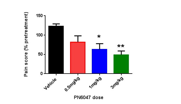 PN6047 In vivo analgesia Analgesic effect of PN6047 in rat model of neuropathic pain PN6047 is potent (half maximal effect at ~ 1 mg/kg