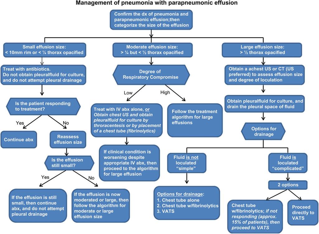Figure 1. Management of pneumonia with parapneumonic effusion; abx, antibiotics; CT, computed tomography; dx, diagnosis; IV, intravenous; US, ultrasound; VATS, video-assisted thoracoscopic surgery.