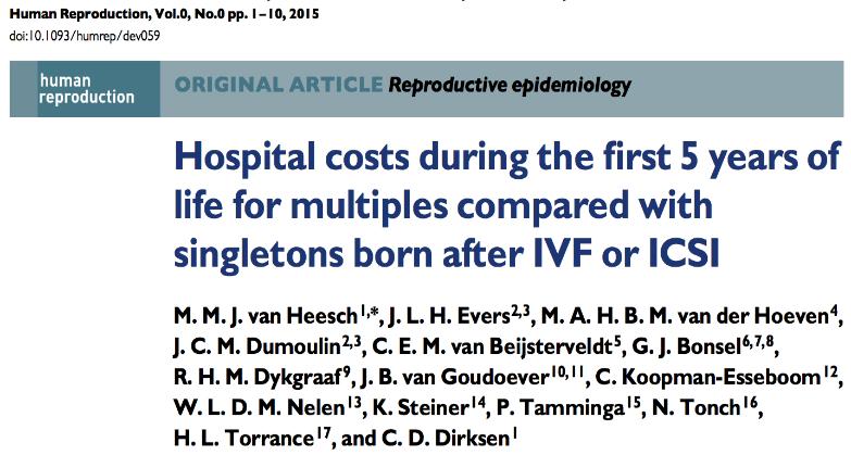 Multiple pregnancy: significantly higher costs in the first 5 years Also, not only costs but also health outcomes of IVF/ICSI multiples and singletons should be considered in decisions regarding ET