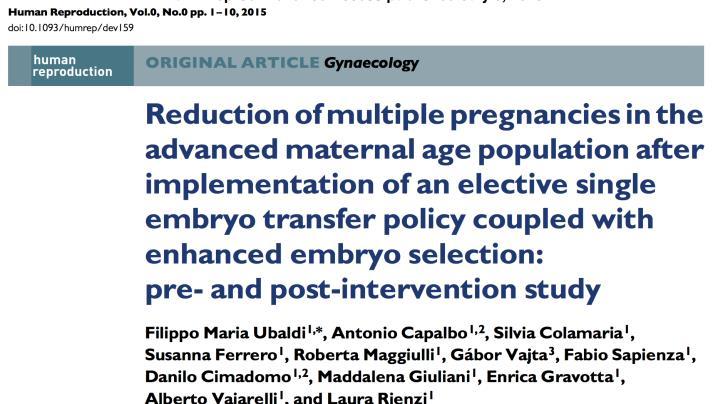 Single embryo transfer policy at GENERA: same CLBR, reduced multiple pregnancy rate 20,8% 29,4% 21,0% Change ET policy From 2013, elective SET was offered in the AMA population (>37 y) according to