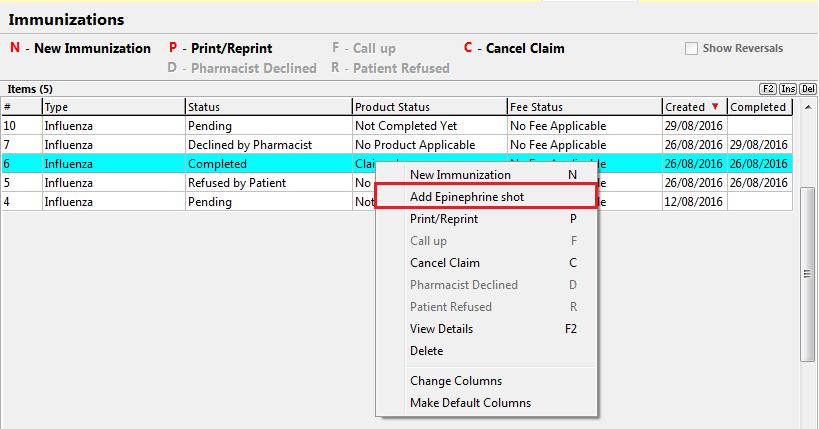 3. Right-click a completed immunization record and select Add Epinephrine shot. 4. The F5 - Drug search form will appear.