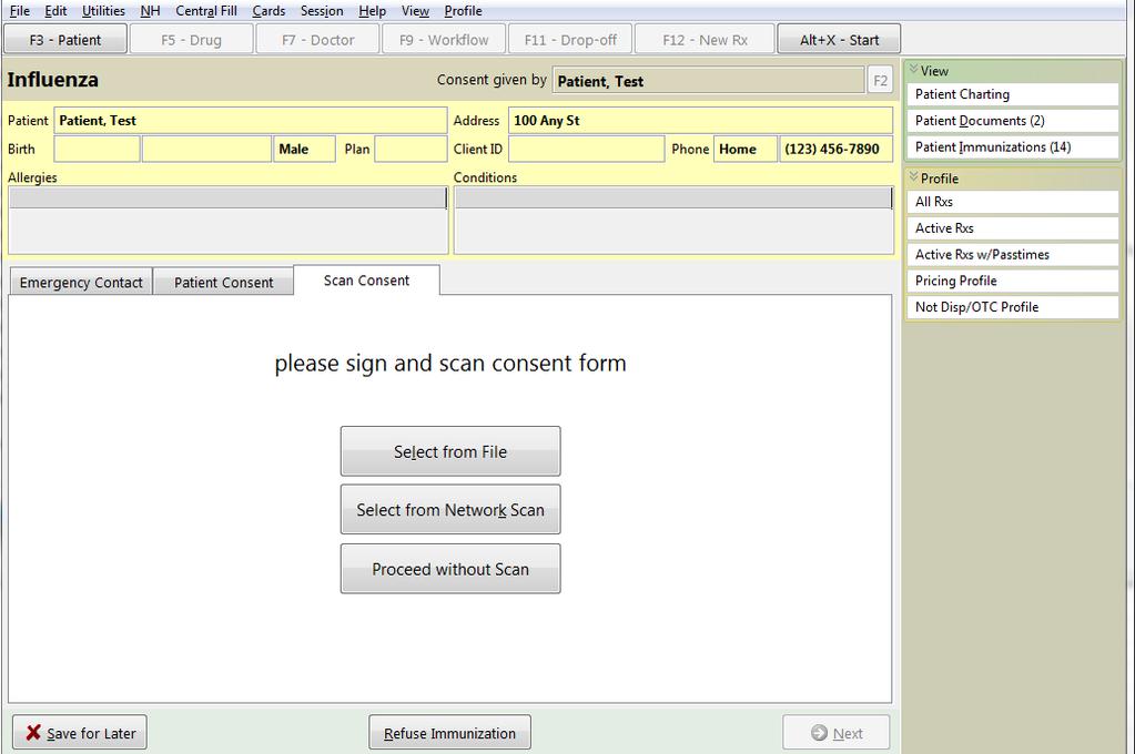 Proceed without Scan: Allows you to continue processing the immunization without importing the signed consent form.