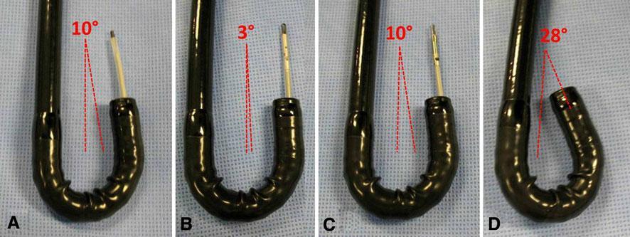 Device catheter flexibility Images showing different device-in-endoscope retroflection angles (DIERA).