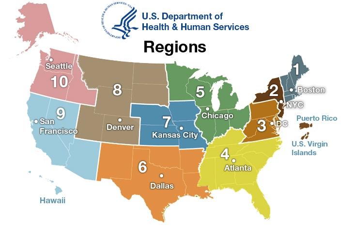 U.S. Department of Health and Human Services Regions Region 1: Connecticut, Maine, Massachusetts, New Hampshire, Rhode Island, and Vermont Region 2: New Jersey, New York, Puerto Rico, and the Virgin