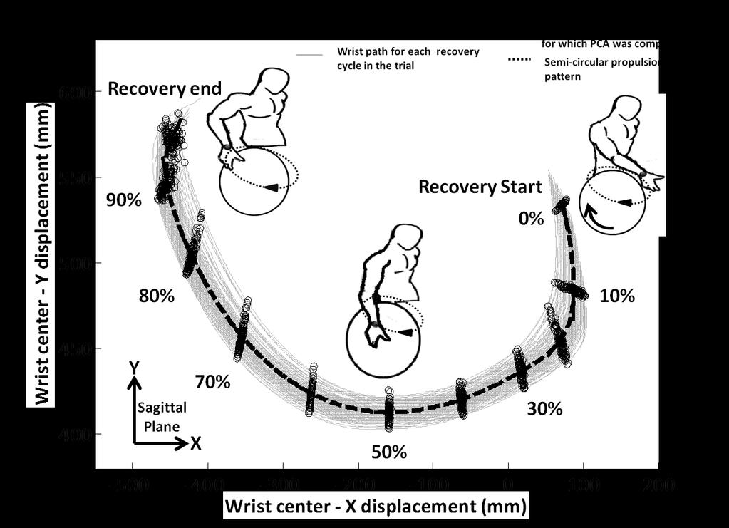 Figure 1. Sample steady-state wrist recovery trajectories for a semi-circular propulsion pattern.