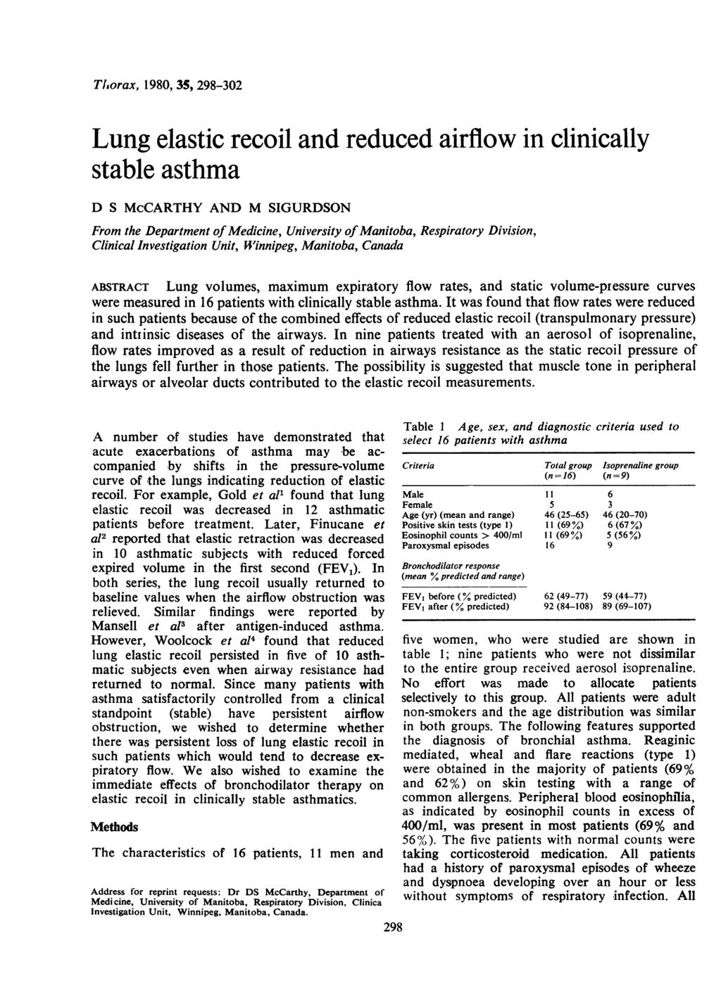 Tl.orax, 1980, 35, 298-302 Lung elastic recoil and reduced airflow in clinically stable asthma D S McCARTHY AND M SIGURDSON From the Department of Medicine, University ofmanitoba, Respiratory