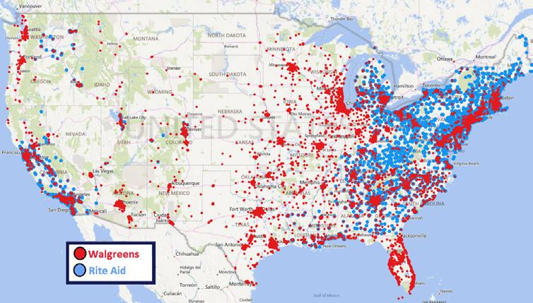 WALGREENS + RITE AID This report examines the geographic overlap between Walgreens and Rite Aid. I. Overview Below is a map of all U.S. Walgreens (n=8,155) and Rite Aid (n=4,388) locations.