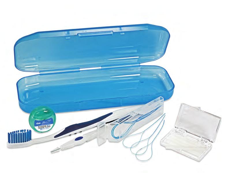 tapered head toothbrush (ORT10789) Ortho wax in jewel case 10 floss threaders in plastic case (ORT20412) Interproximal brush-cone profile Premium mint floss (ORT48037) Plastic case Blue Green Purple