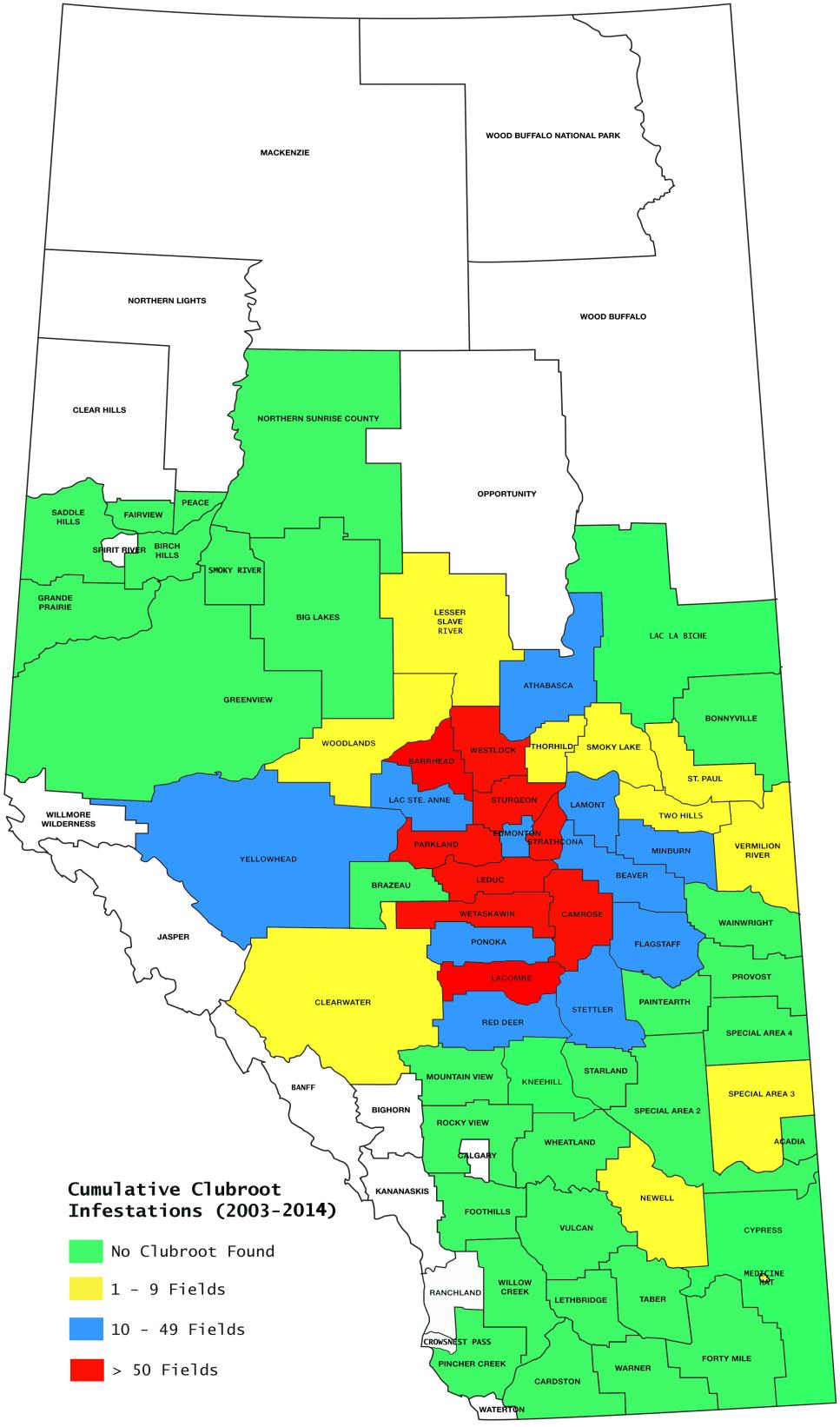 Clubroot Situation: 2015 Outbreak most severe in central Alberta A few cases in southern Alberta Isolated reports from