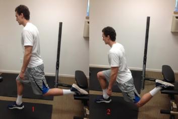 Bulgarian Split Squat 1. Place one leg on a bench or chair making sure that it is secure. With your other leg, take a step forward that is a little further than your normal step. 2.