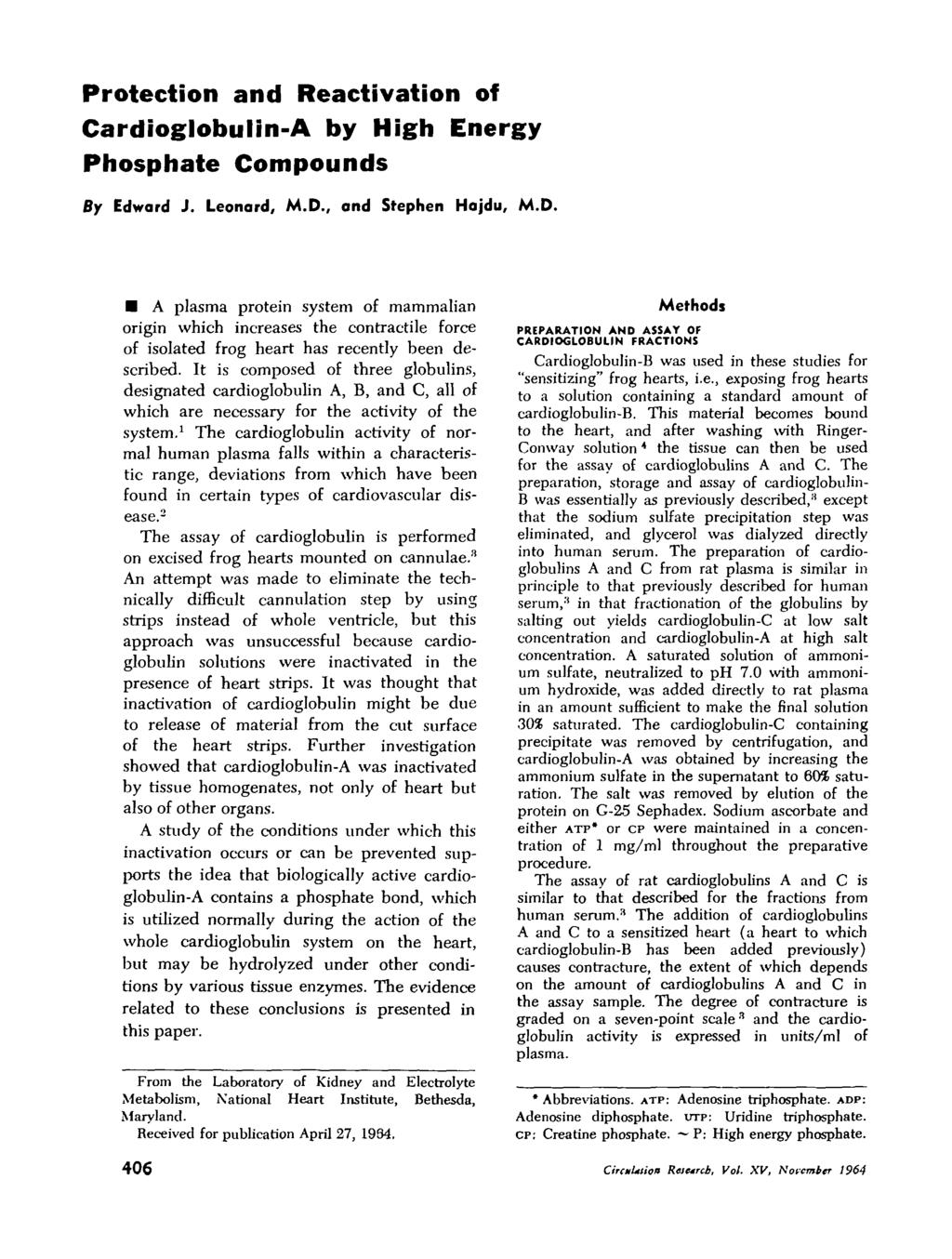 Protection and Reactivation of Cardioglobulin-A by High Energy Phosphate Compounds By Edward J. Leonard, M.D.