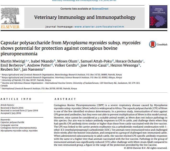 New prospectives for a CBPP vaccine Vaccination with the purified CPS provides 57% protection similar to a live attenuated vaccine.