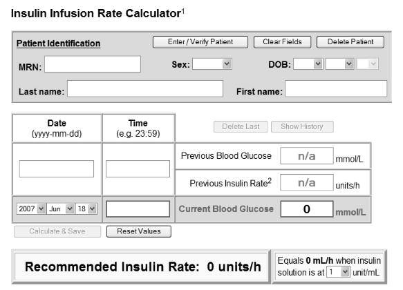 Figure 1. Appearance of the web-based interface for determining insulin dosing (based on the Glucommander method). target range (5.1 8 mmol/l), the multiplier was decreased by 0.01.