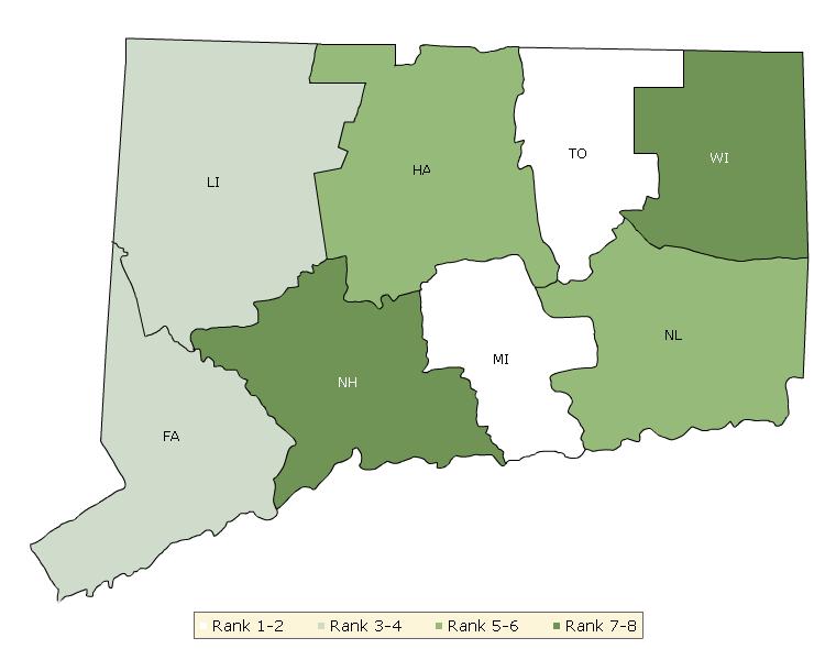 The maps on this page display Connecticut s counties divided into groups by health rank.
