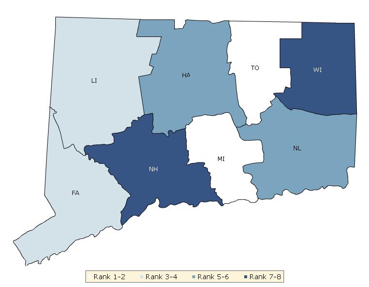 The blue displays the distribution of the summary rank for health factors. Maps help locate the healthiest and least healthy counties in the state.