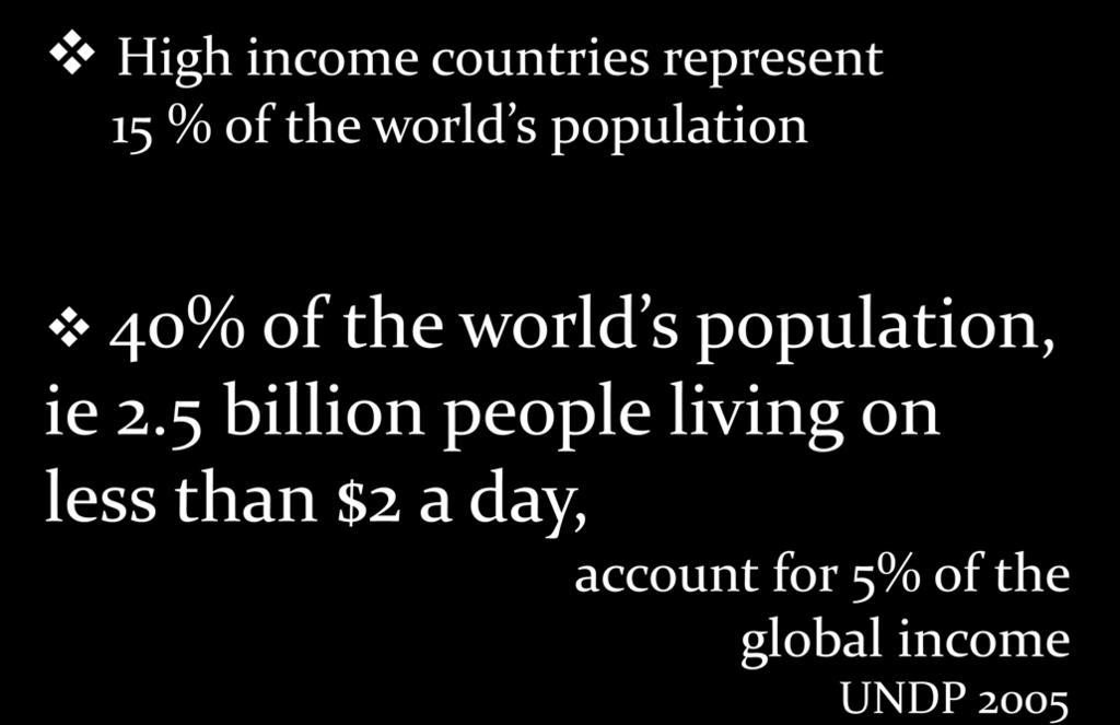 Global Inequalities High income countries represent 15 % of the world s population 40% of the world s