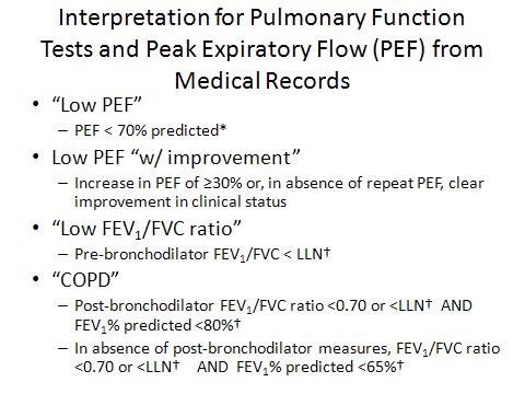 Criteria for Low Peak expiratory flow (PEF) and low FEV1/FVC ratio Low PEF is defined as PEF < 70% predicted.