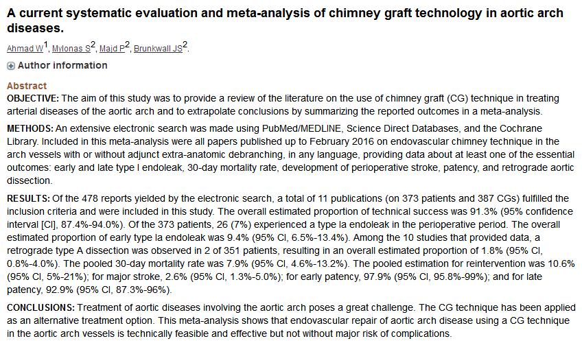 Chimney Stent-graft (CSG) 2017 Meta-analysis report 373 patients and 387 CGs Overall technical success :91.