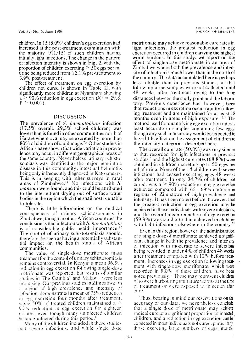 Vol. 32. No. 6. June 1986 children. In 15 (8.0%)children's cggexcretionhad increased at the post-treatment examination with the majority 911/15) of such children having initially light infections.