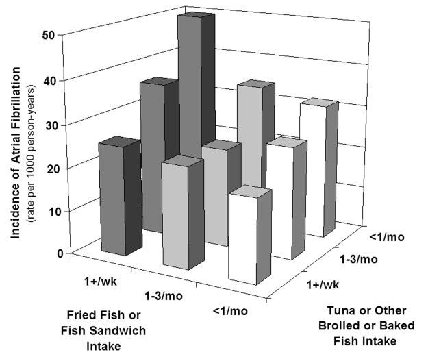 372 Circulation July 27, 2004 Figure 2. AF incidence according to both tuna/ other fish and fried fish/fish sandwich consumption.