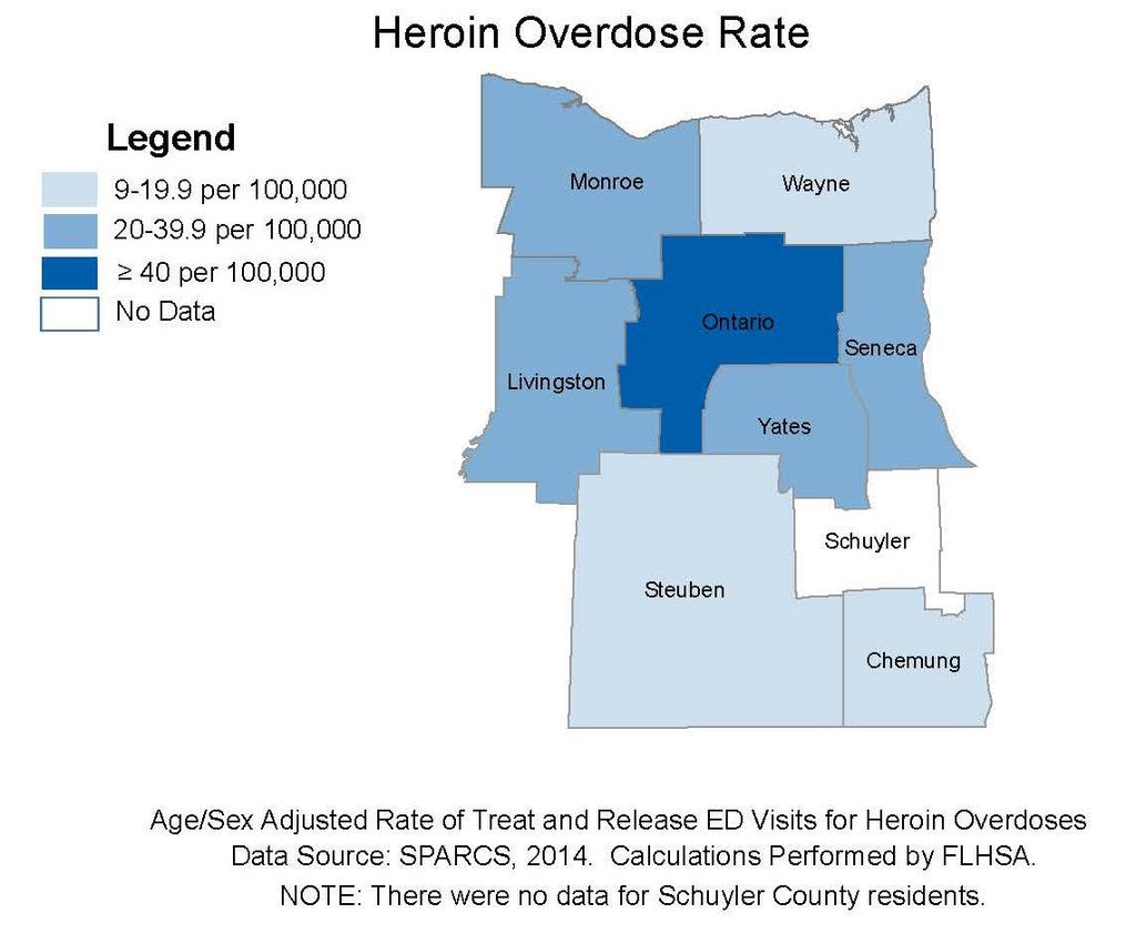 Overdose rate for pain medications is highest in rural counties The rate per 100,000 residents for emergency department treat-andrelease visits relating to pain medication overdoses in 2014 were
