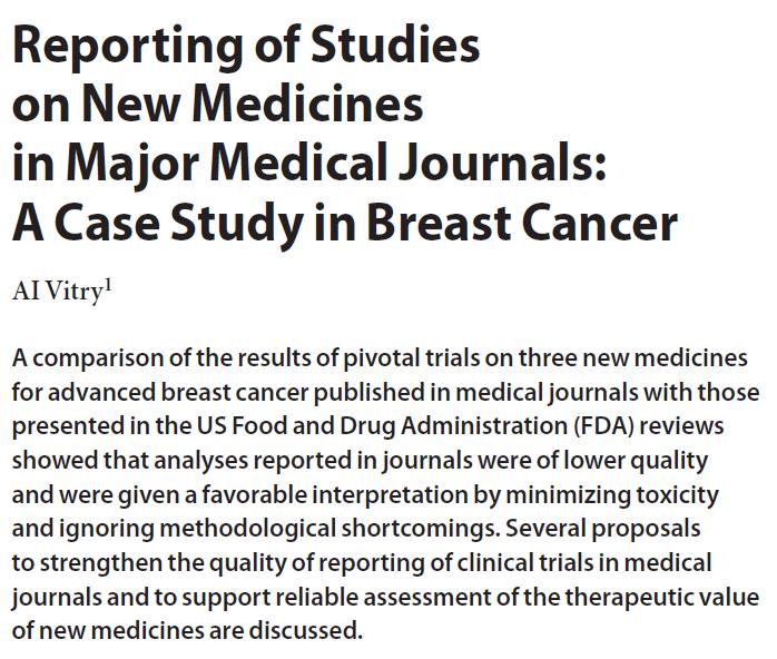 A comparison of the results of pivotal trials on three new medicines for advanced breast cancer published in medical journals with those presented in the US Food and Drug Administration (FDA) reviews