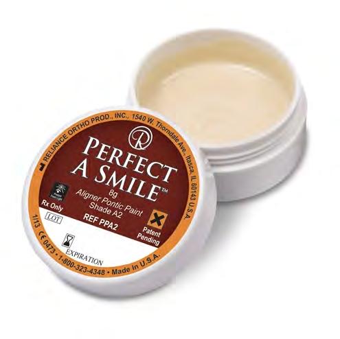 PerfectASmile An aligner pontic paint, PerfectaSmile is a single light cure paste that comes in 3 shades and can be painted on any aligner material to mask a space or missing tooth.