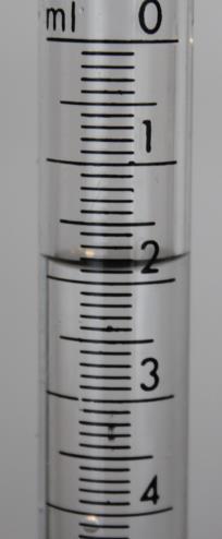 A buret is read at the bottom of the meniscus at eye level. In a buret, the zero mark is at the top and the number markings count up going down towards the tip, as shown in Figure 2a.
