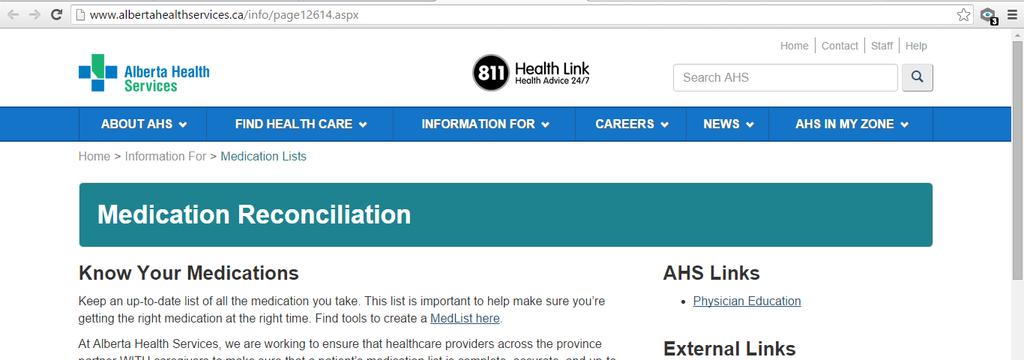 MedRec Online Resources Alberta Health Services Medication List