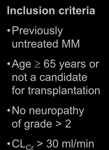 FIRST: lenalidomide + low-dose Dex vs MPT (IFM 07-01) Inclusion criteria Previously untreated MM Age 65 years or not a candidate for