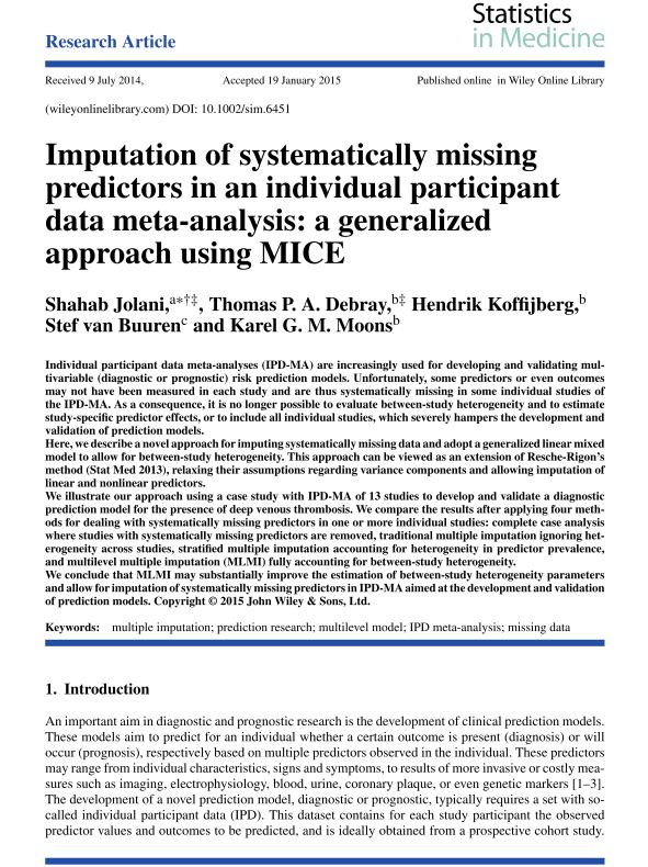 Dealing with missing data Systematically missing data Jolani, S., Debray, T. P. A., Koffijberg, H., van Buuren, S., & Moons, K. G. M. (2015).