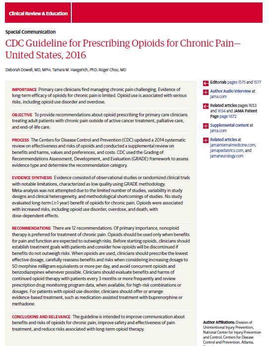 CDC Guidelines for Prescribing Opioids for Chronic Pain - 12 Recommendations Improve communication between providers and patients about risks/benefits and to improve safety and effectiveness
