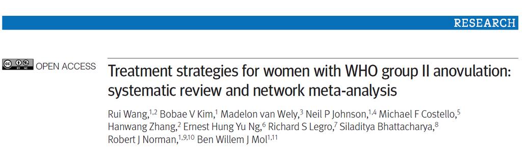 1 st Systematic Review and network meta-analysis in OI Aim: to identify the best 1 st line OI treatment in WHO Group II including PCOS anovulation 8 OI Rx s: placebo/no