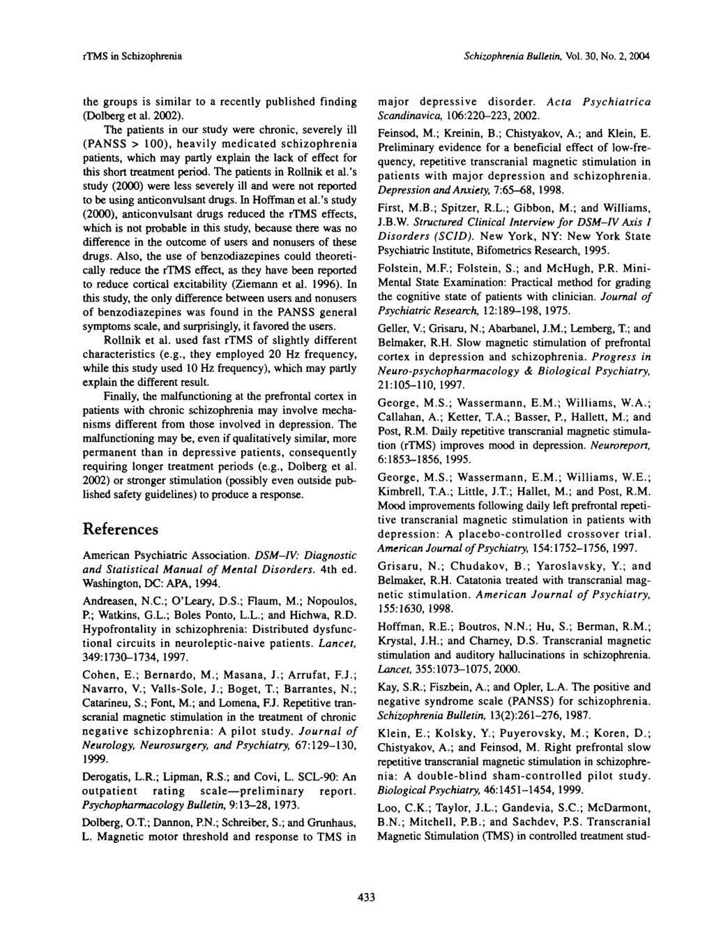 rtms in Schizophrenia Schizophrenia Bulletin, Vol. 30, No. 2, 2004 the groups is similar to a recently published finding (Dolberg et al. 2002).