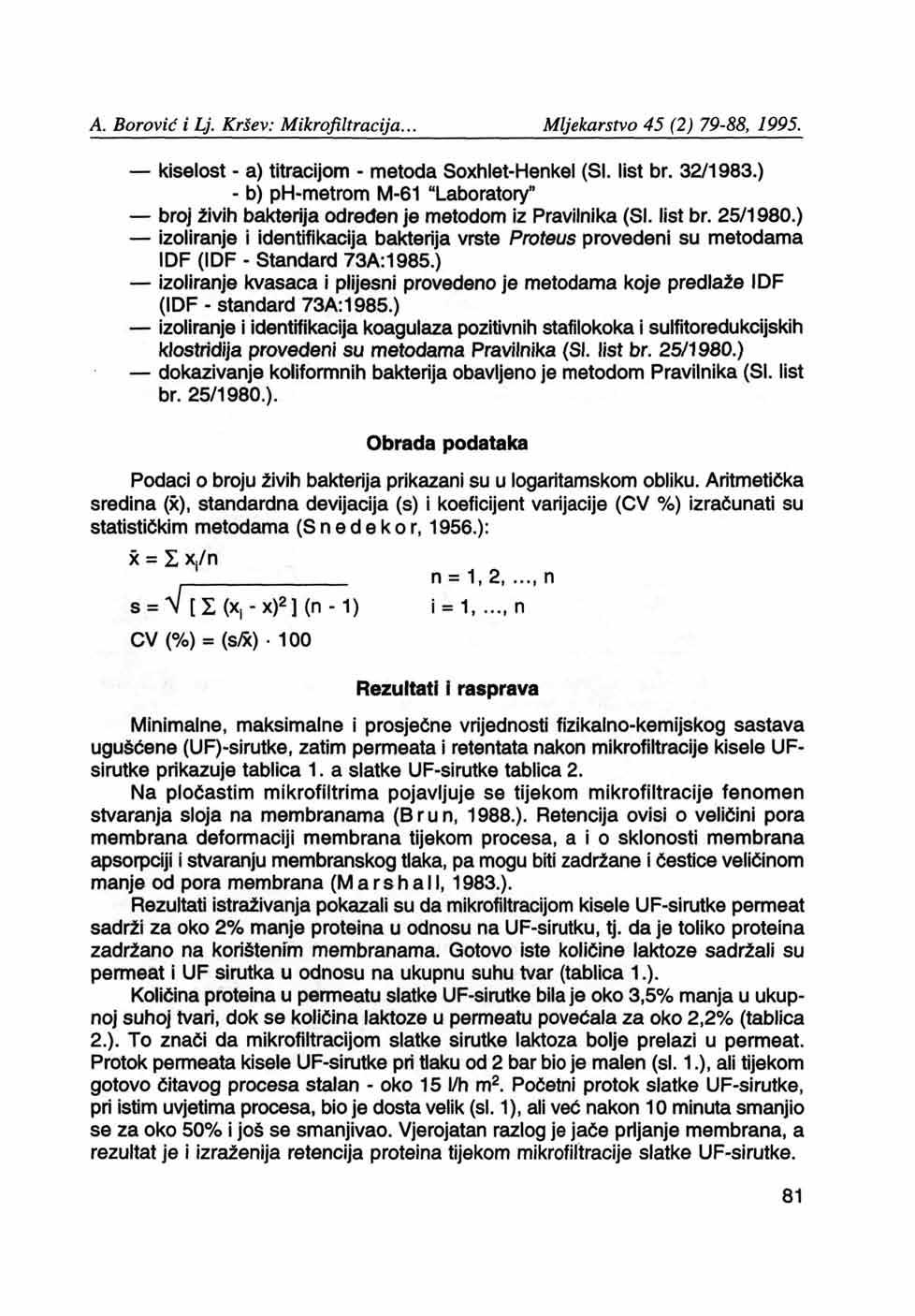 kiselost - a) titracijom - metoda Soxhiet-Henkel (SI. list br. 32/1983.) - b) ph-metrom M-61 "Laboratory" broj živih bakterija određen je metodom iz Pravilnika (SI. list br. 25/1980.