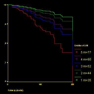 Age, sex and BP adjusted event free survivals curves for LVM/h 2.