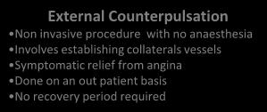 collaterals vessels Symptomatic relief from angina Done on an out patient basis No recovery period required Cardiopulmonary Bypass