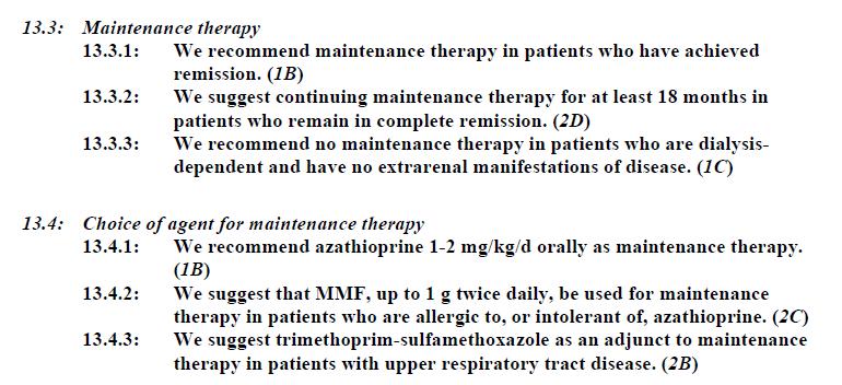 Maintenance treatment should be prolonged up to 48 months in pts who remain ANCA-positive (1B).