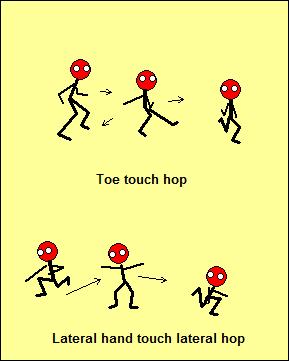These hops can be in all directions (forward, sideways and backwards, different angles) and landing on left then right. Touch, hop.