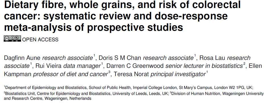 A high intake of dietary fibre, in particular from cereals and whole grains, is associated with a reduced risk of colorectal cancer Systematic review and meta-analysis of prospective observational