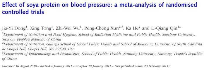 BJN 106: 317, 2011 Effects of Soy on Blood Pressure: Meta analysis of 27 Clinical